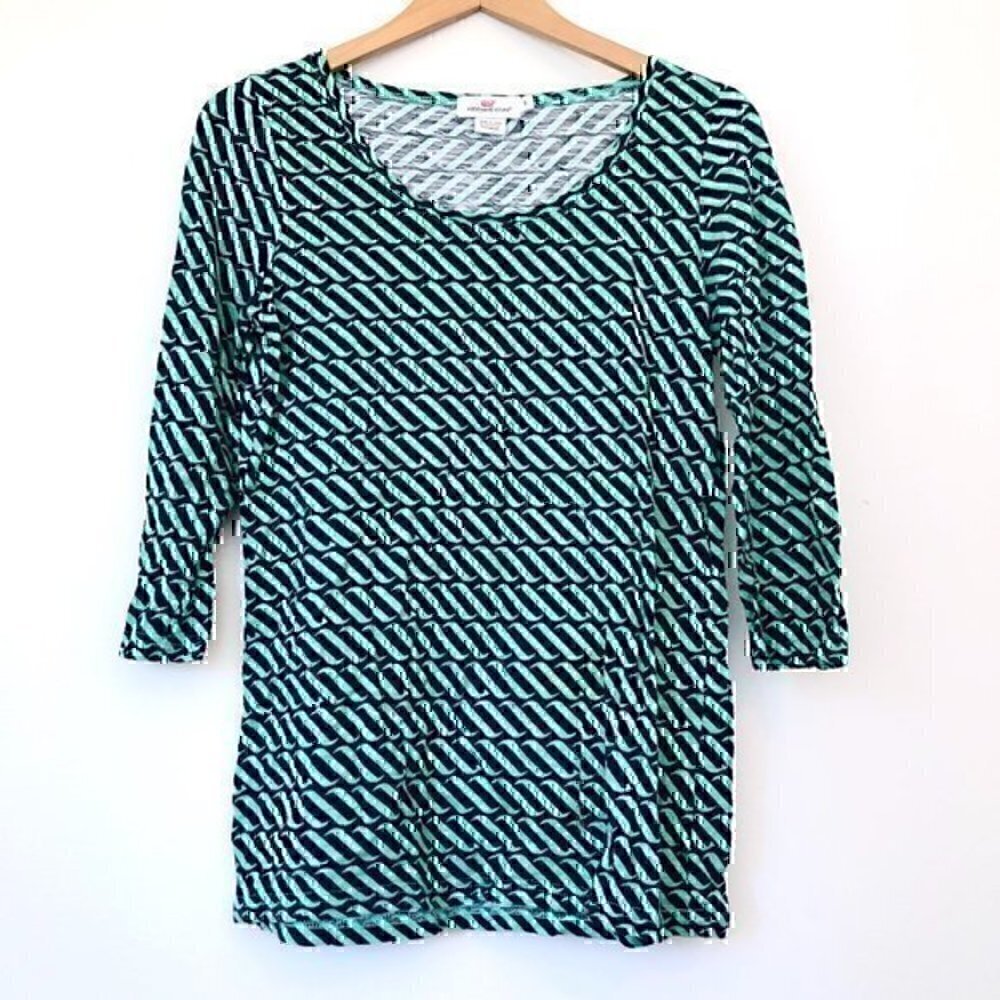 VINEYARD VINES Swell Print Top Navy Blue Green ish Wave Cotton 3/4 Sleeve Small